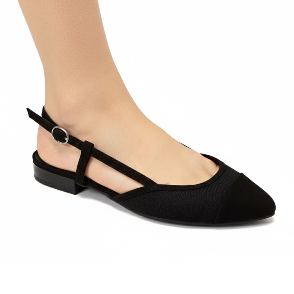 BAMBOO Coco Black Pointed Toe Mesh Suede Slingback Flats Size 7 Womens Shoe